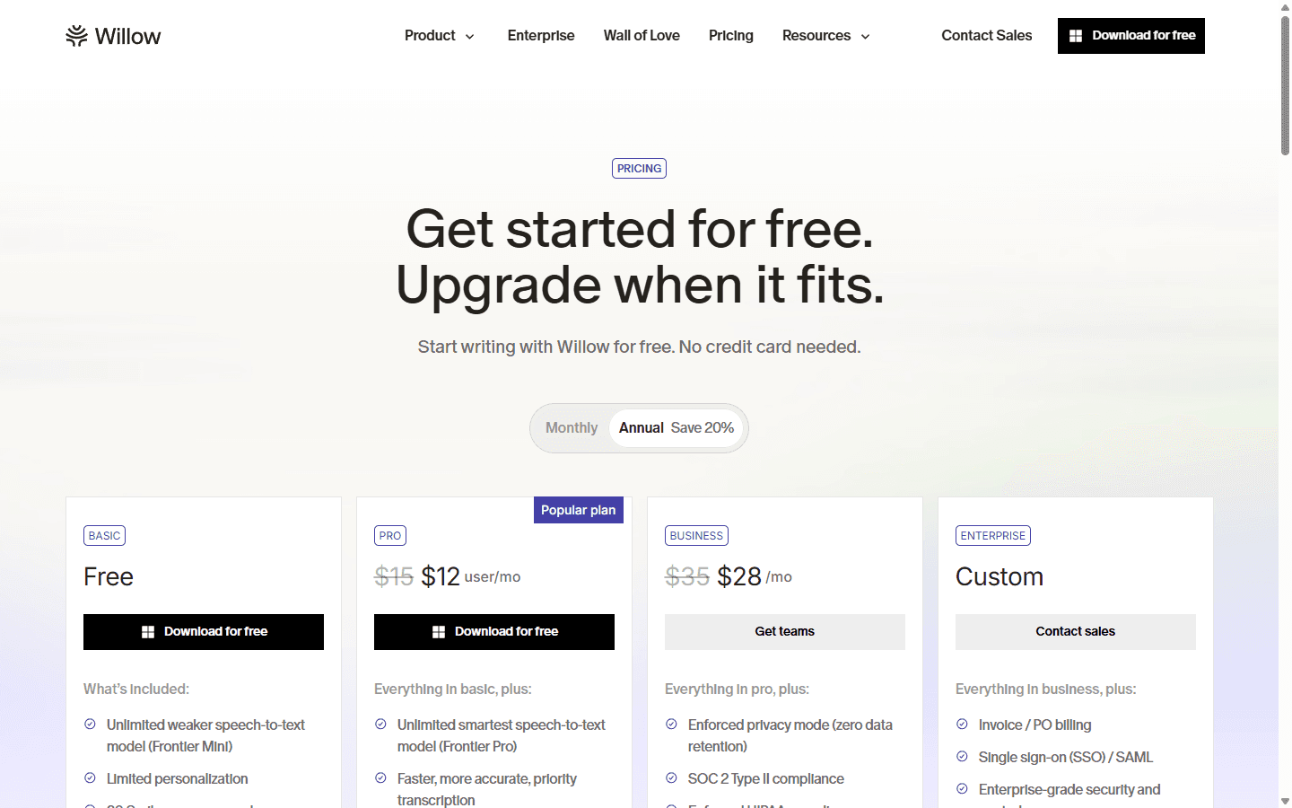 Willow official English pricing page showing Free, Pro, Business, and Enterprise plans.