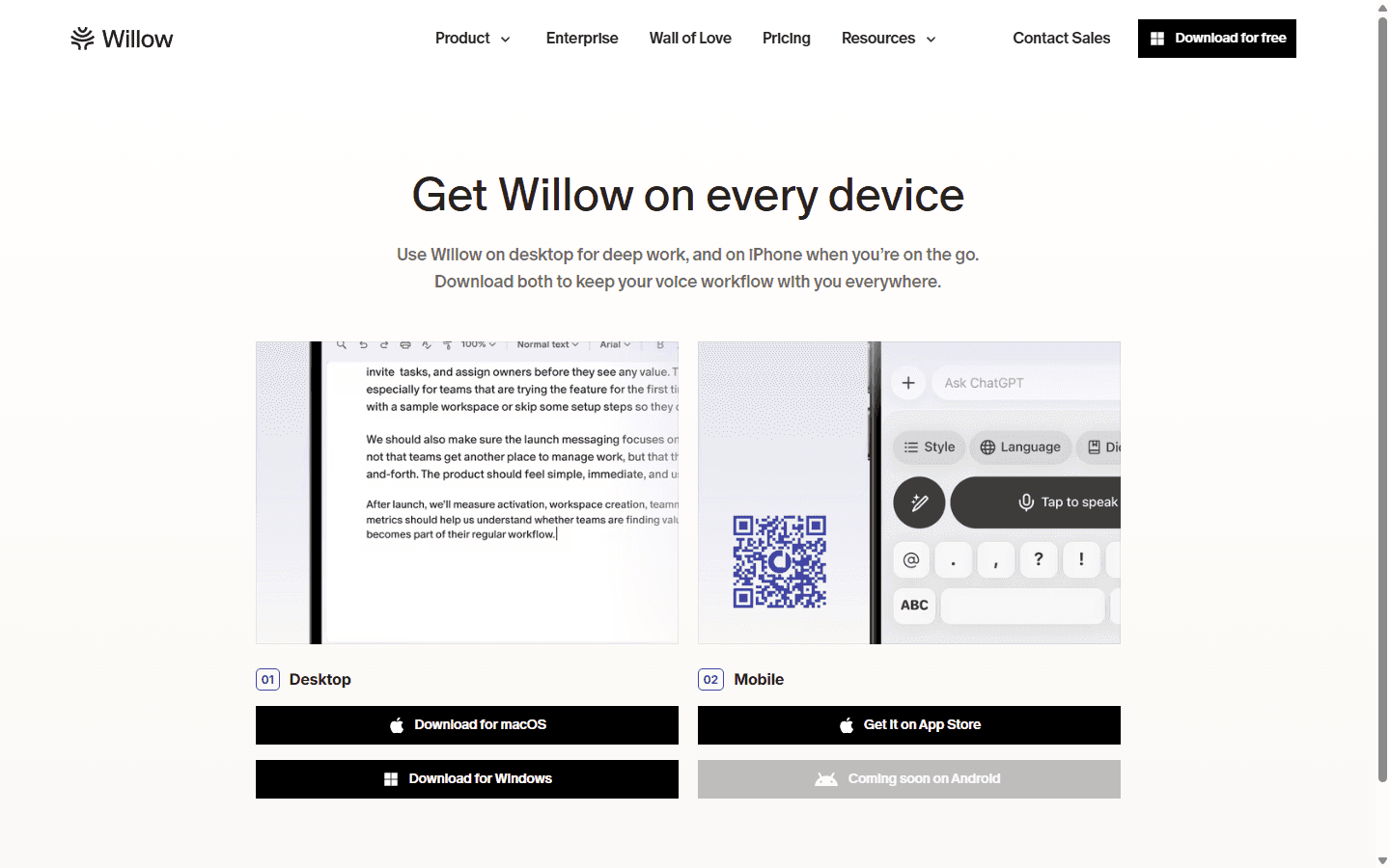 Willow official English download page showing macOS, Windows, iPhone, and Android coming soon.