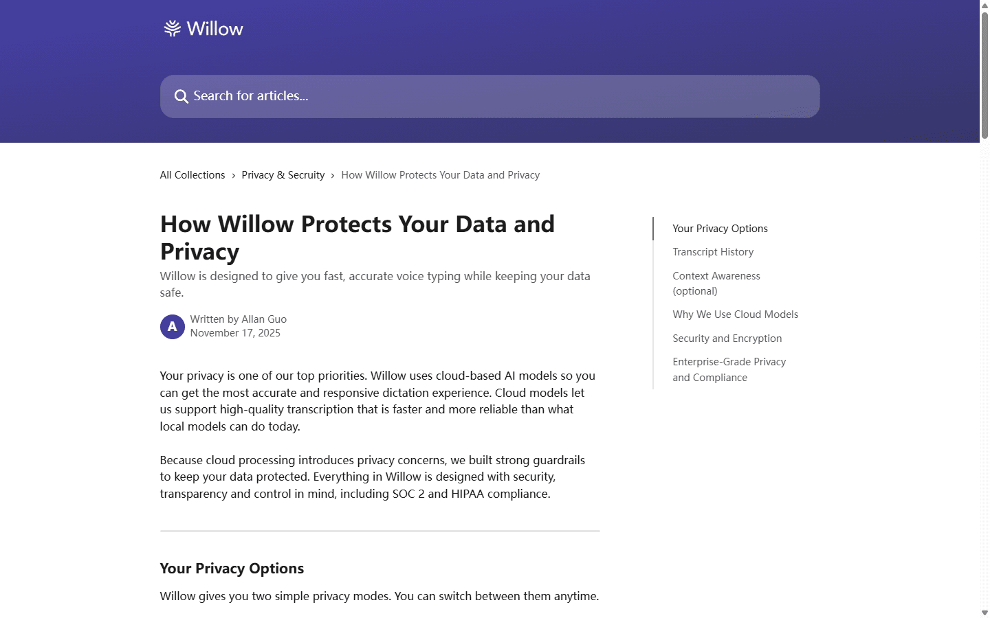 Willow official English privacy documentation explaining cloud models, private mode, context awareness, and security.