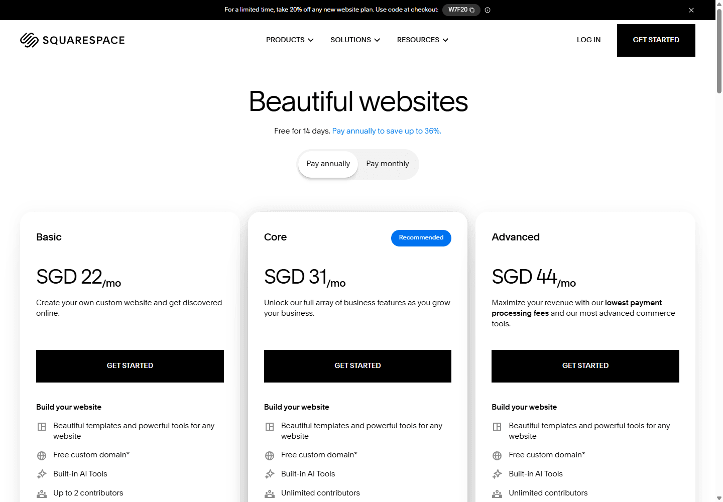 Squarespace English pricing page showing Basic, Core, and Advanced website plans.
