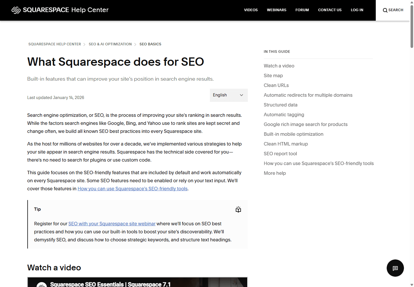 Squarespace English SEO guide describing built-in sitemaps, clean URLs, structured data, and mobile optimization.