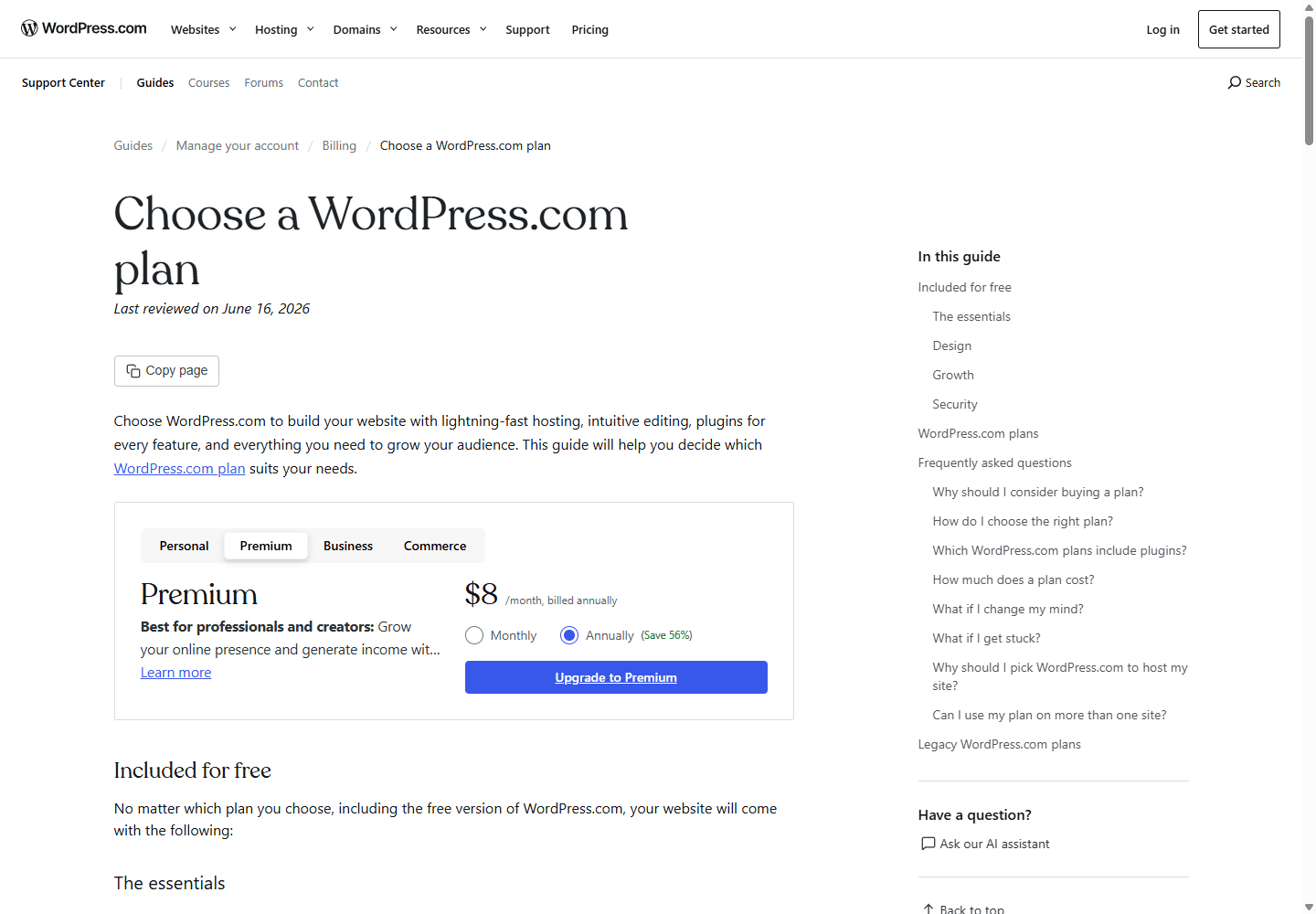 WordPress.com English plan guide showing plugin access and annual pricing details.