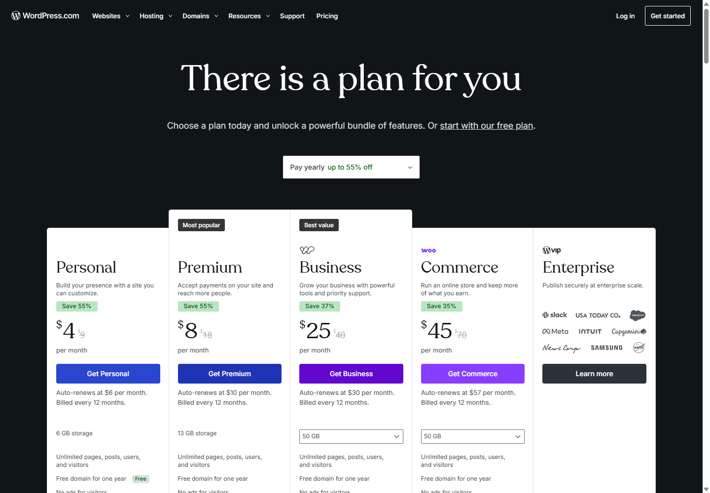 WordPress.com pricing page in English showing Personal, Premium, Business, Commerce, and Enterprise plans.
