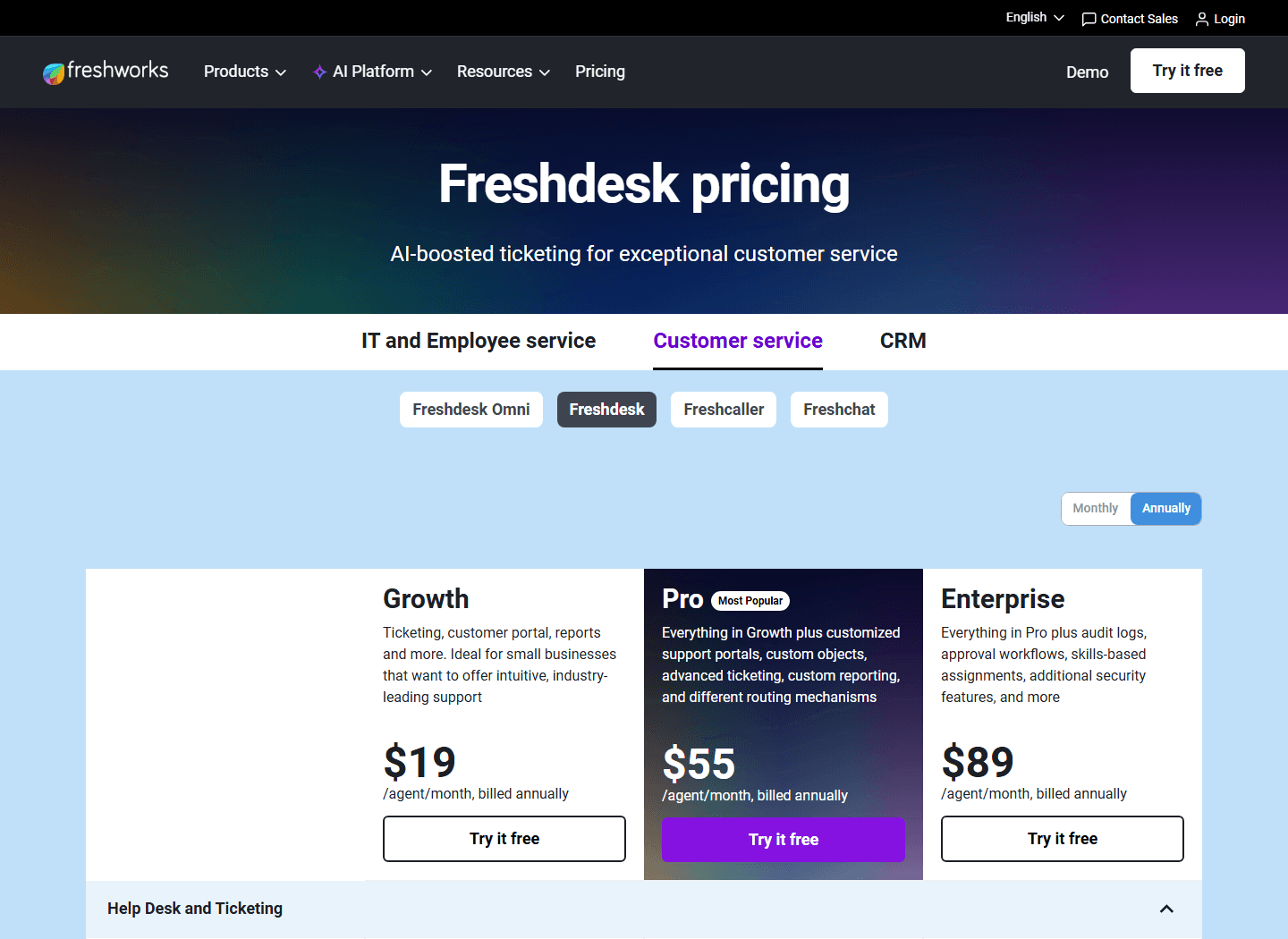 Freshdesk official pricing page showing Growth, Pro, and Enterprise plans.