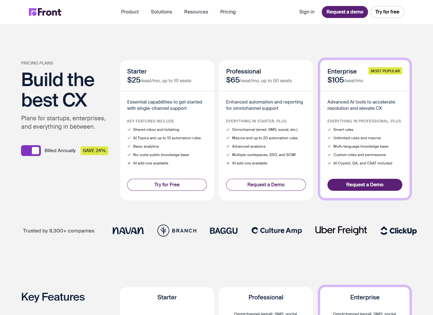 Front official pricing page showing Starter, Professional, and Enterprise plans.