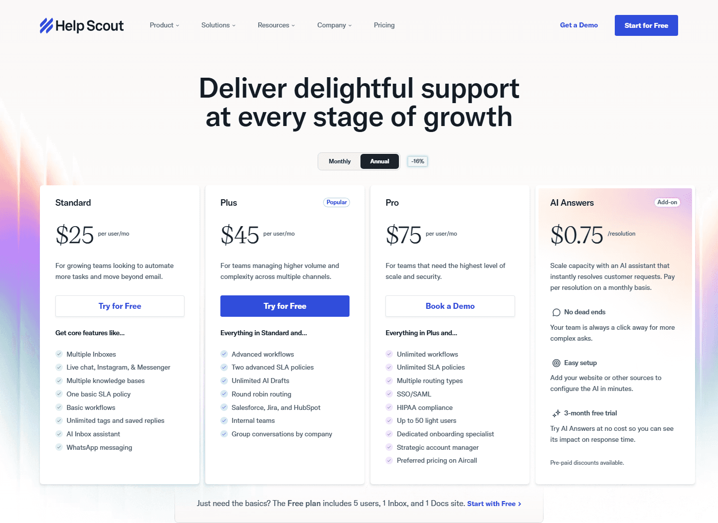 Help Scout official pricing page showing Standard, Plus, Pro, and AI Answers.
