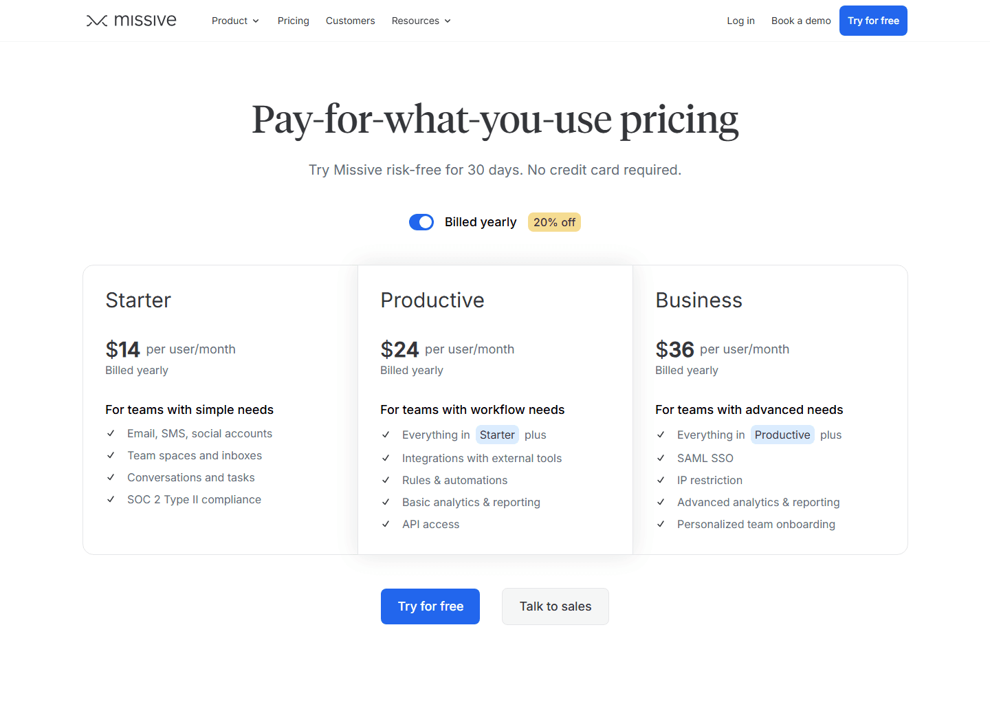 Missive official pricing page showing Starter, Productive, and Business plans.