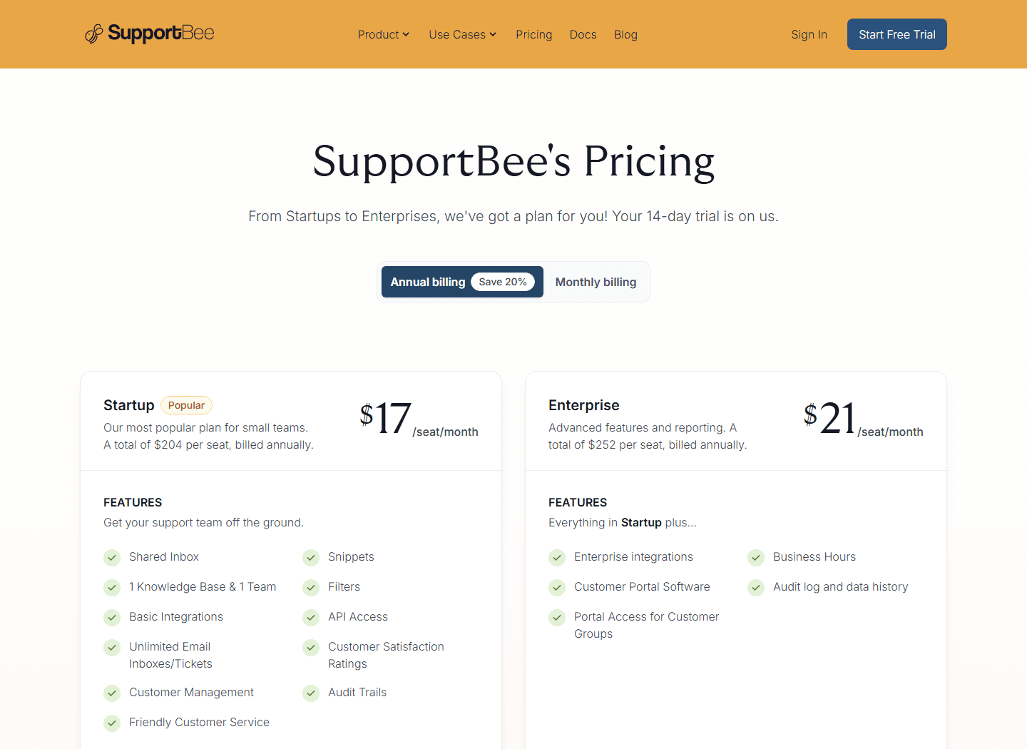 SupportBee official pricing page showing Startup and Enterprise plans.