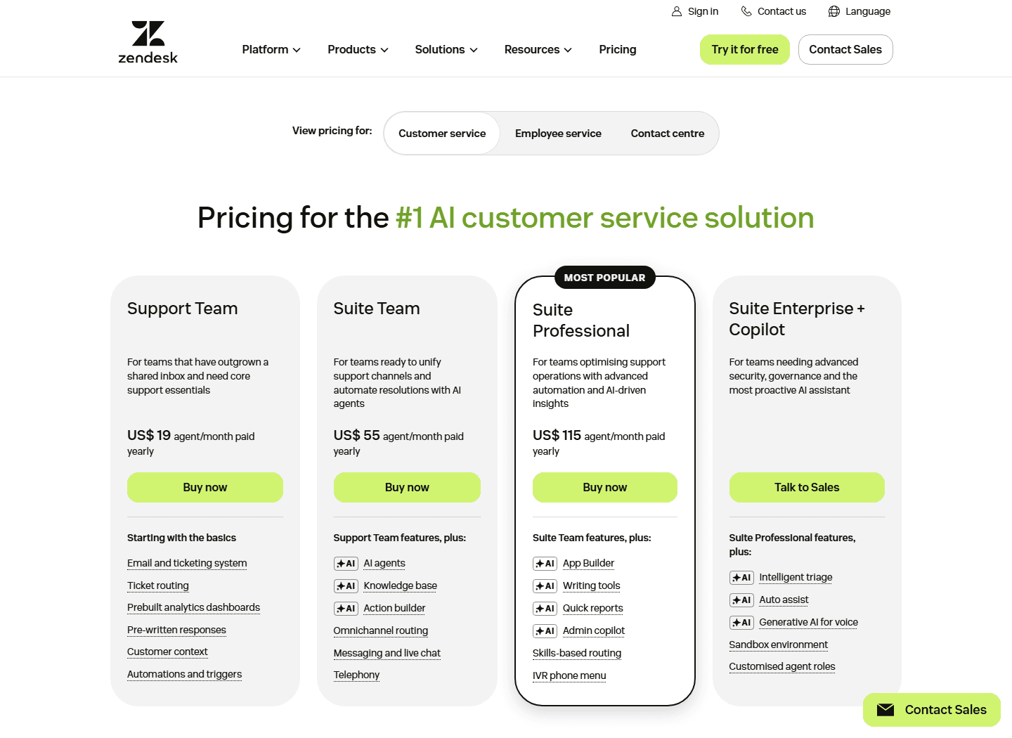 Zendesk official pricing page showing customer service plans.