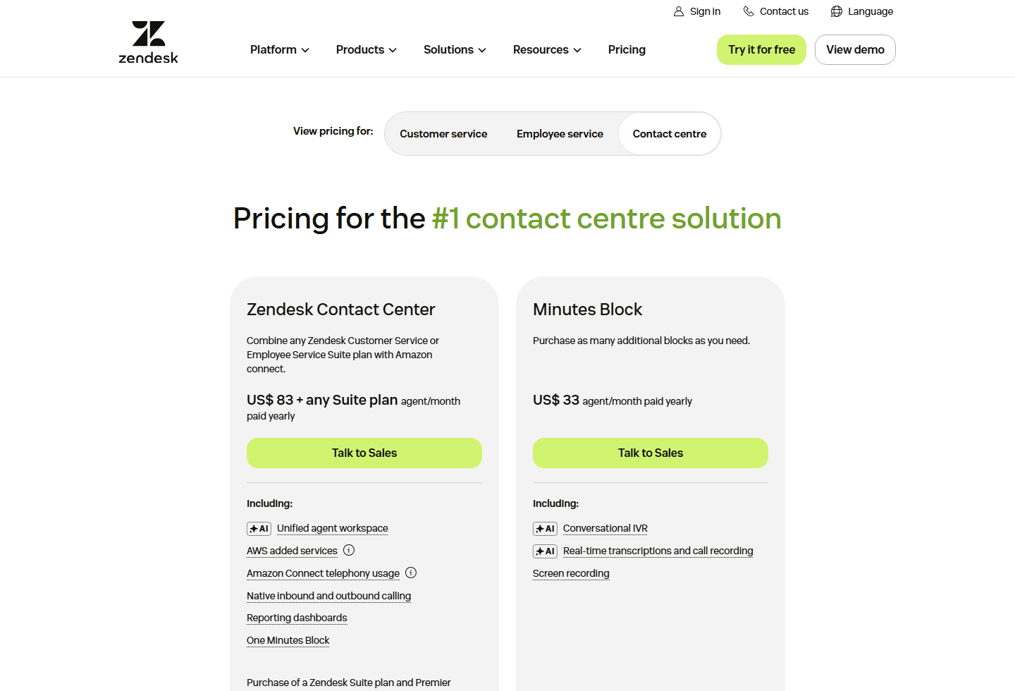 Zendesk Contact Center pricing page showing Contact Center and Minutes Block cards.
