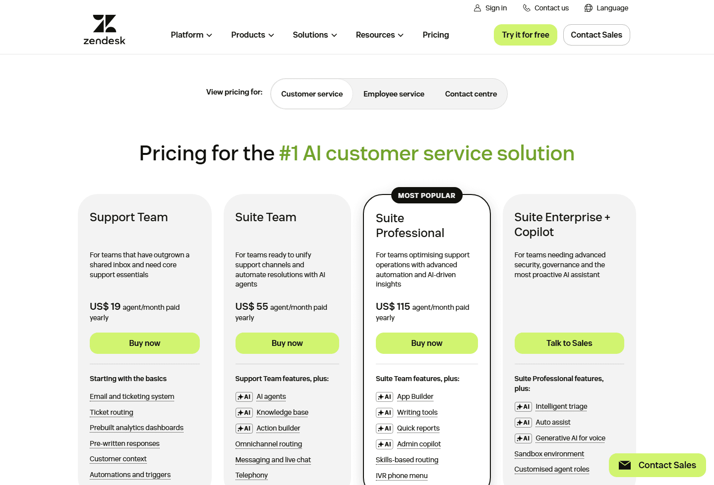 Zendesk official pricing page showing Support Team, Suite Team, Suite Professional, and Suite Enterprise plus Copilot.