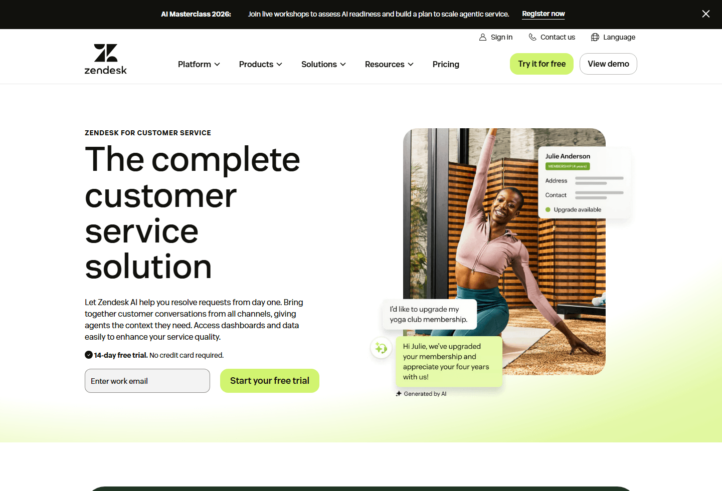 Zendesk for Customer Service official page showing service product positioning.