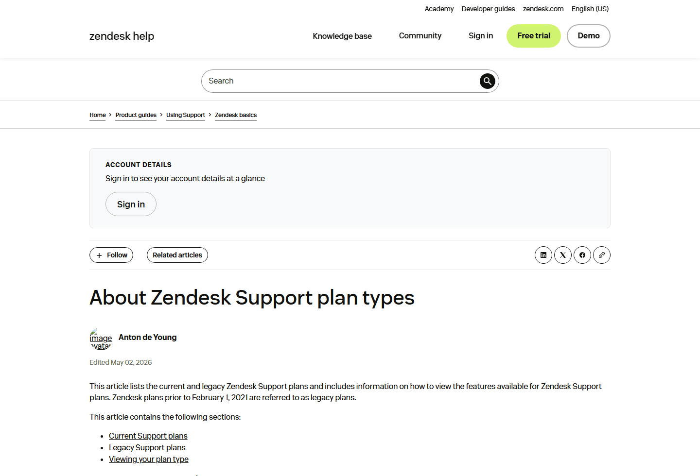 Zendesk help article explaining current Support plan types.