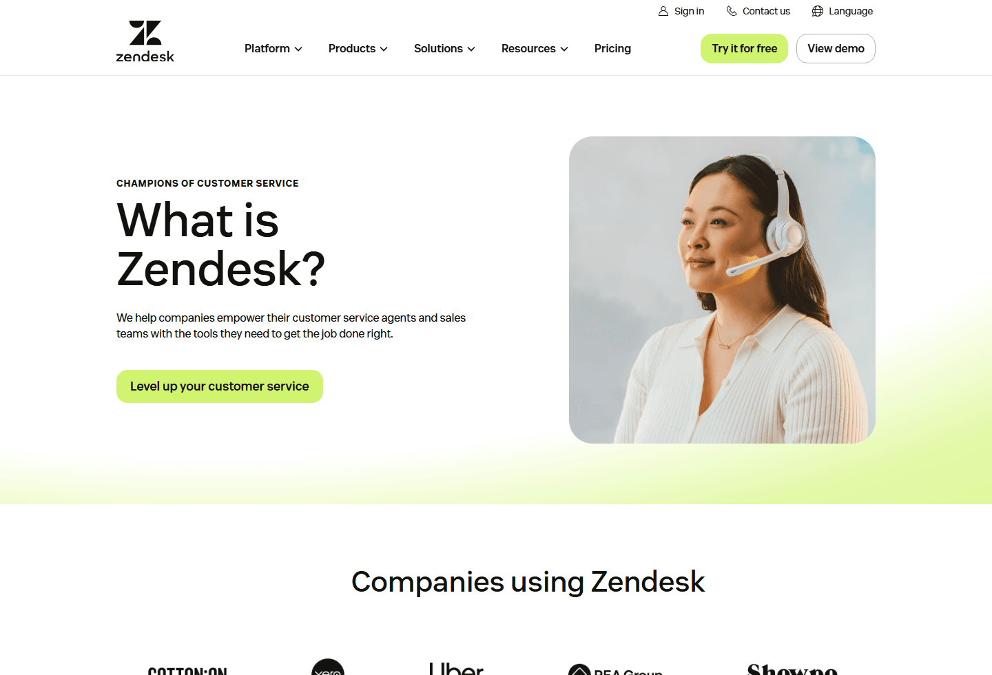 Zendesk official What is Zendesk page showing the hero section.